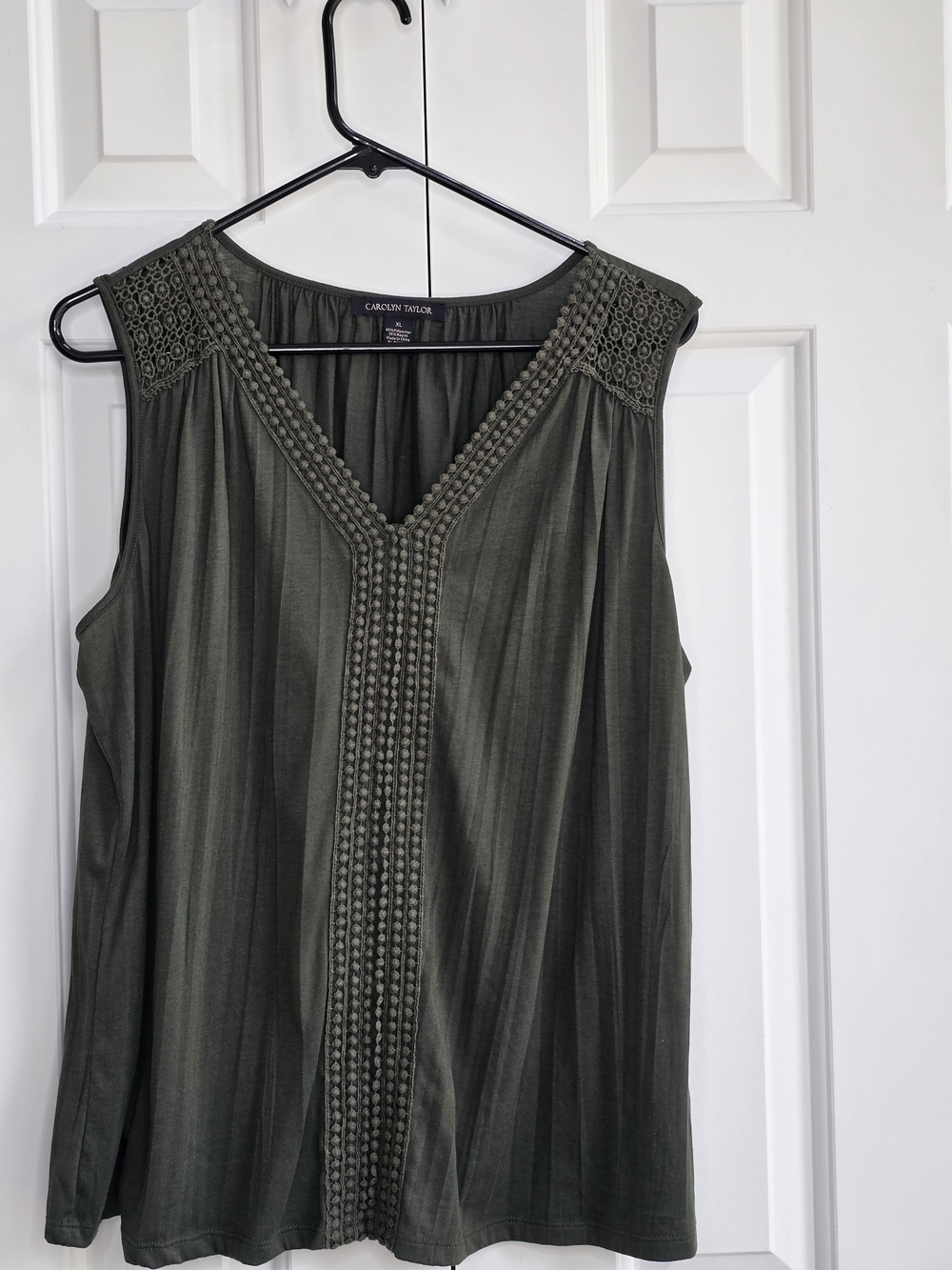 Carolyn Taylor Olive Green Crochet Trim V-Neck Tank